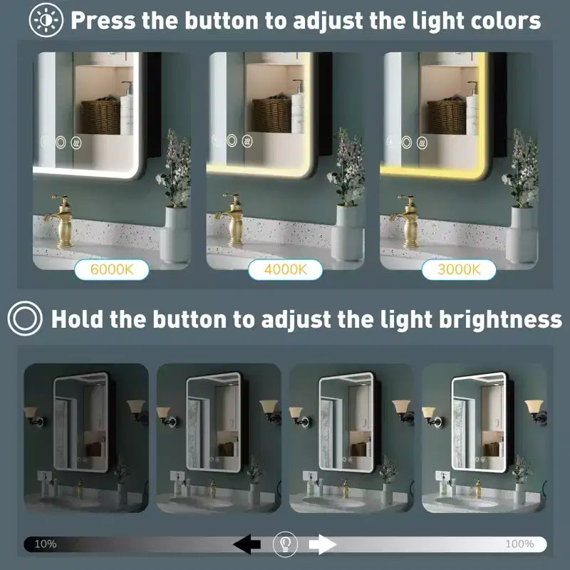 Black / White / Gold LED Medicine Cabinet, Single Door, Left or Right Hinge, Recessed or Wall-Mounted