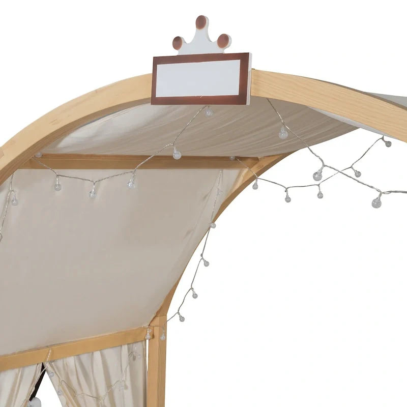 Solid Wood Playhouse Platform Bed Floor Montessori Bed Frame with Arched Roof and Trundle for Girls and Boys