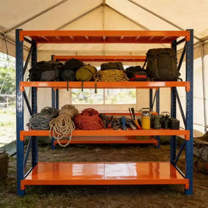 Étagères de garage robustes VIYET, rayonnage métallique réglable à 4 niveaux d'une capacité de 2000 kg, rangement industriel bleu et orange pour magasin/outils/salle de sport.