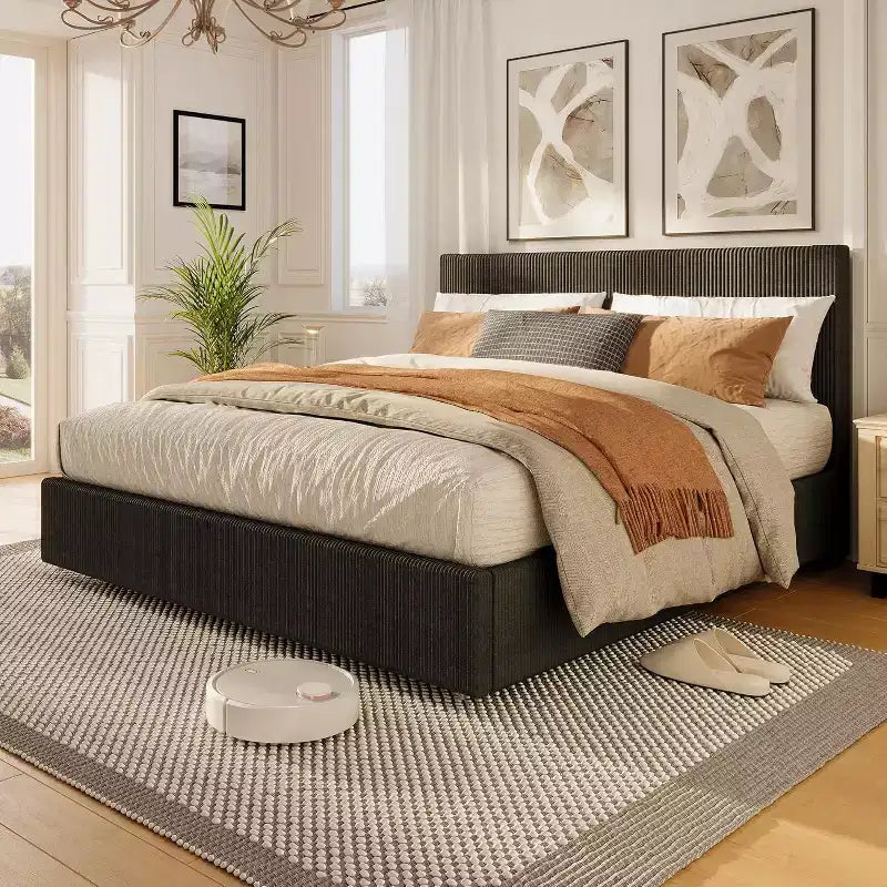 CuisinSmart Corduroy Bed Frame with Headboard, Platform Upholstered Bed Frame with 4 Storage Drawers and Wooden Slats Support