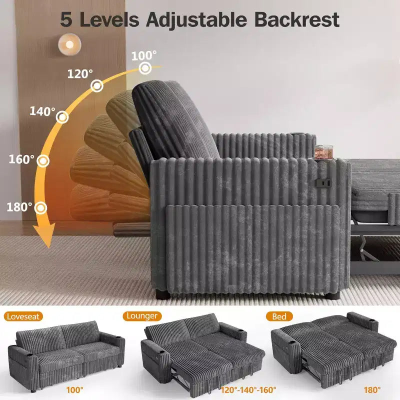 Dyonery 91 Sectional Sleeper Sofa Bed with Pull Out Bed,Reclining Backrest/Two Pull Out Beds/USB Ports/Cup Holders, Plush Corduroy
