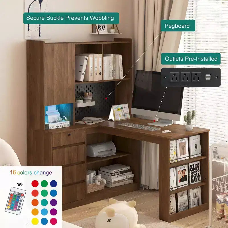 46-Inch L-Shaped Corner Desk with Bookshelf and Drawers