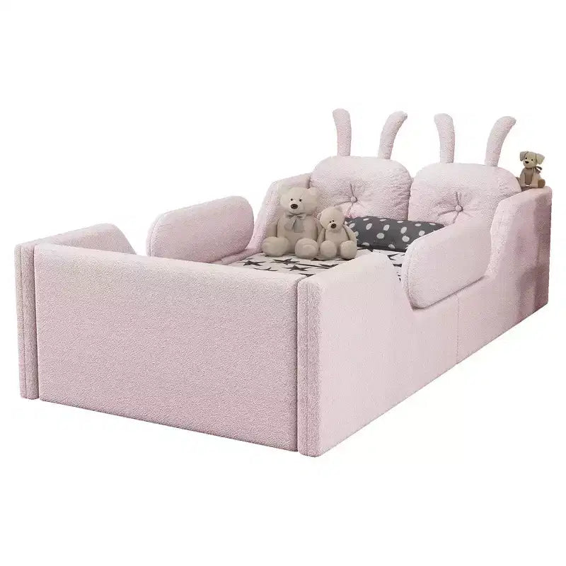 Whisen Twin Platform Bed, Kids Floor Upholstered Bed Frame with Rabbit Cushion, Removable Side Rails