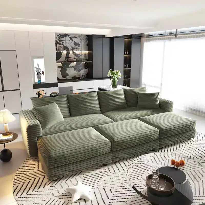 102.4 Plush Corduroy 4-Seat Convertible Sofa with Ottomans - Green