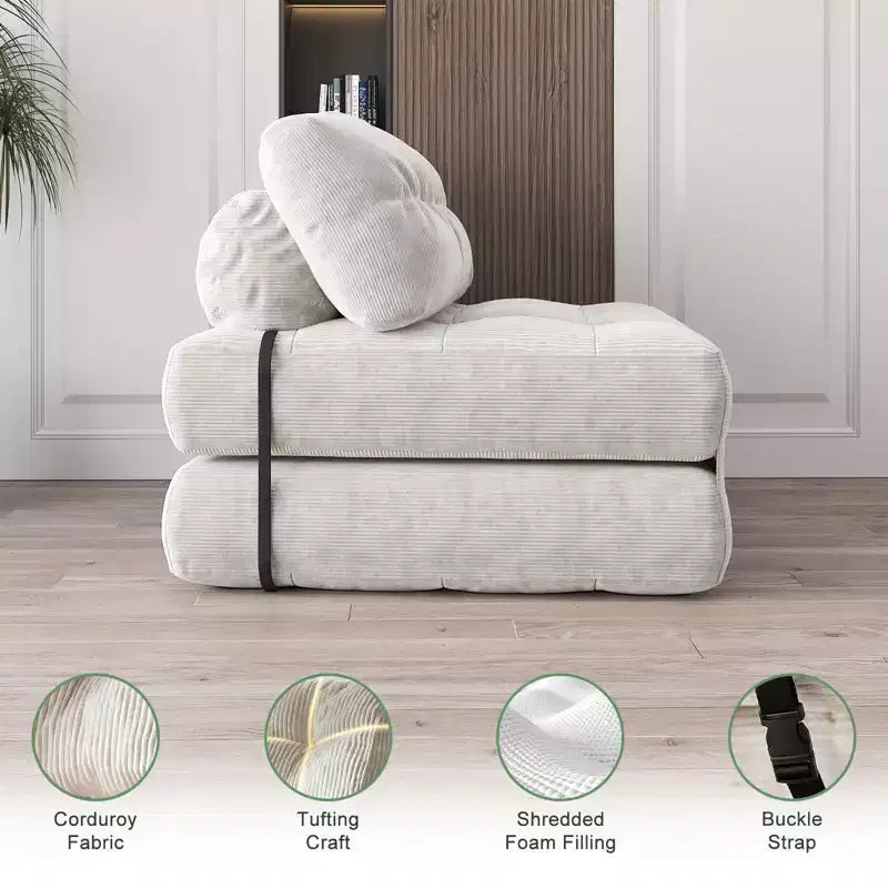 Canapé-lit futon pliant entièrement en velours côtelé, chaise de couchage convertible au sol avec oreiller et dossier