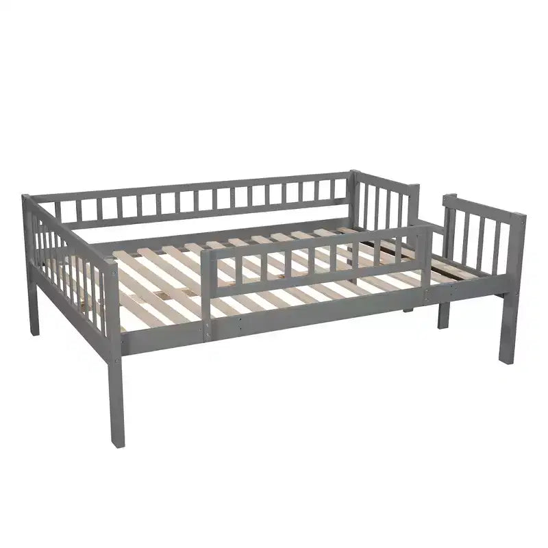 Full Over Full Triple Bunk Bed with Convertible Ladder and Slide, Triple Bed with Guardrails, White/Gray/Espresso - ModernLuxe