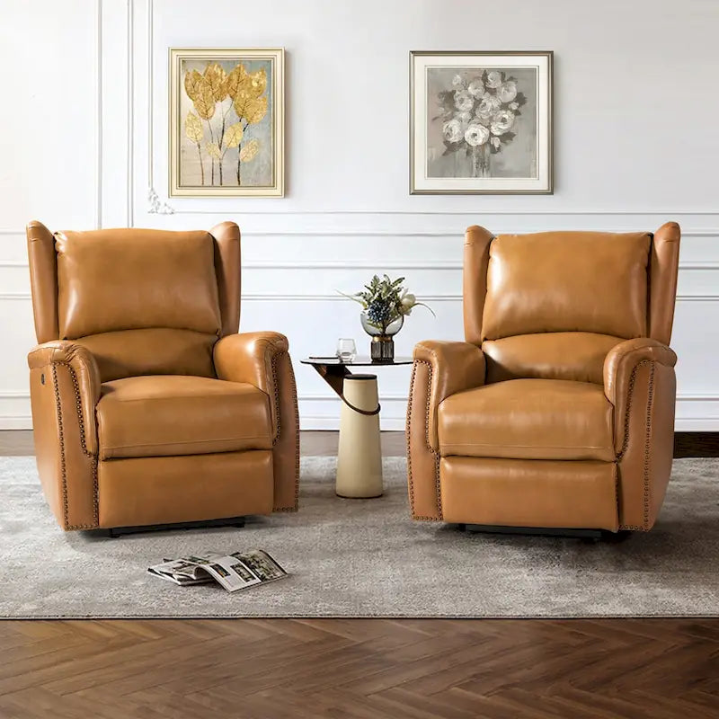 Genuine Leather Power Recliner with USB Port 鈥?Wingback Nailhead Set of 2