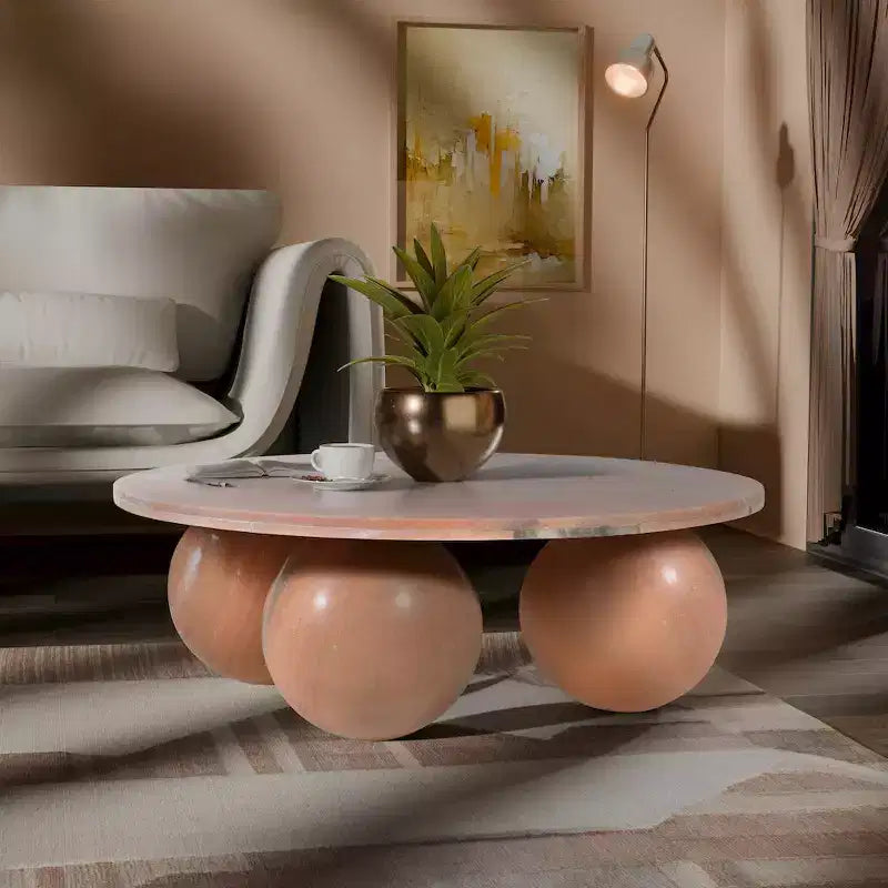 Round Marble Coffee Table with Sphere Legs, Multicolor, Seats 4鈥?