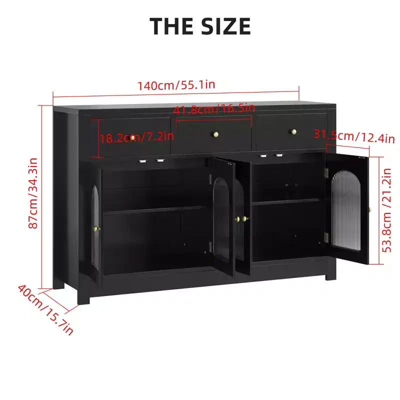 55 Inch Storage Cabinet Dining Narrow Buffet Sideboard Cabinet with 3 Drawers and 4 Doors for Kitchen, Dining Room, Living Room