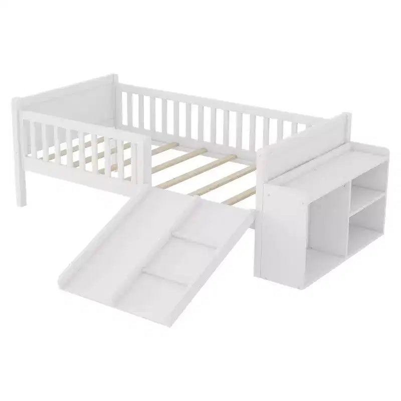 Whisen Twin Size Low Loft Bed Frame for Kids with Slide, Movable Bookshelf Storage, Guardrails, Low Loft Bed Frame