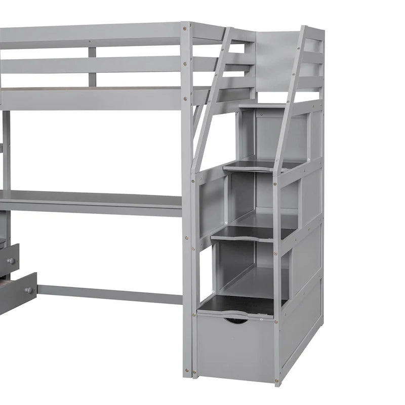 Twin Size Loft Bed with Desk and Shelves, Two Built-in Drawers, Storage Staircase