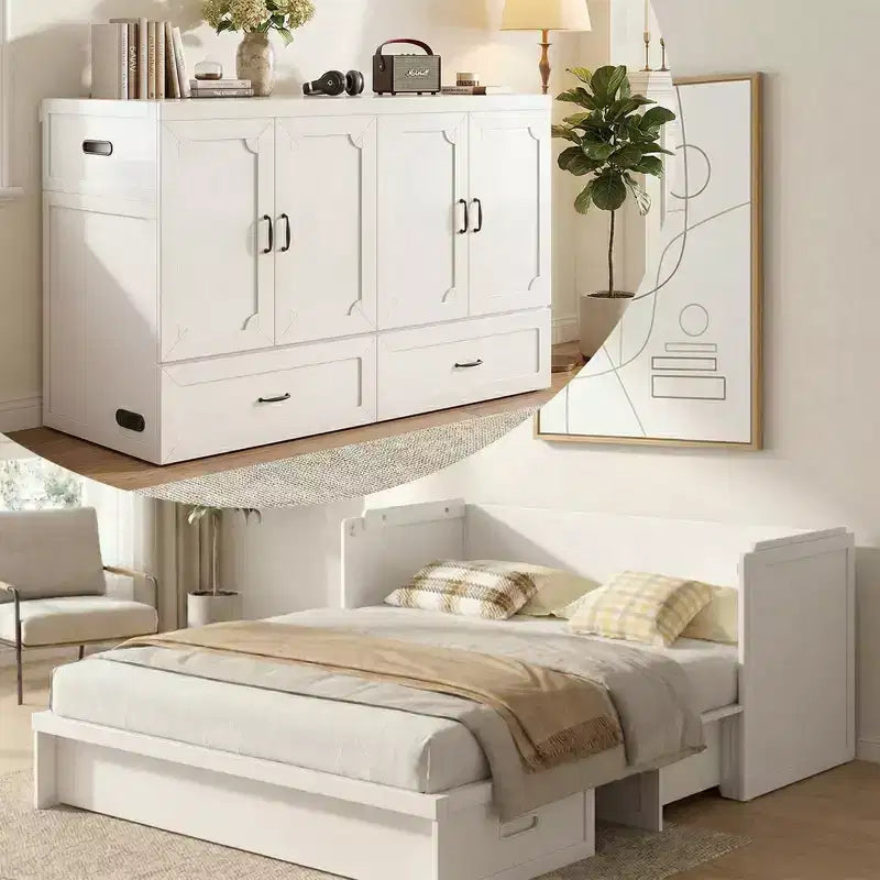 Mjkone Queen Size Convertible Murphy Cabinet Bed with Mattress, USB Charging, Storage Drawers