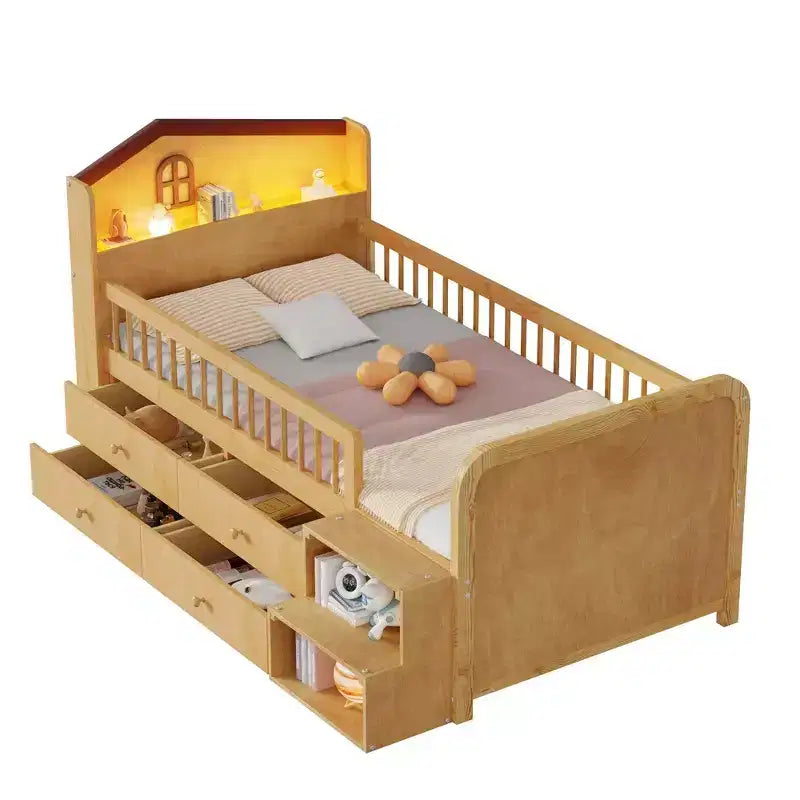 Whisen Low Twin Loft Bed with LED Lights, House Shape Headboard & Storage Drawers, Solid Construction