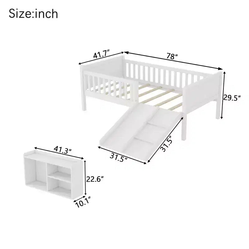 Whisen Twin Size Low Loft Bed Frame for Kids with Slide, Movable Bookshelf Storage, Guardrails, Low Loft Bed Frame