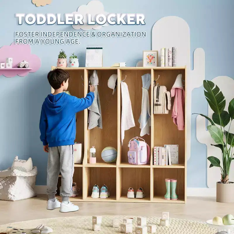 Brown/White 4-Section Cubby Locker with 8 Hooks, for Kids