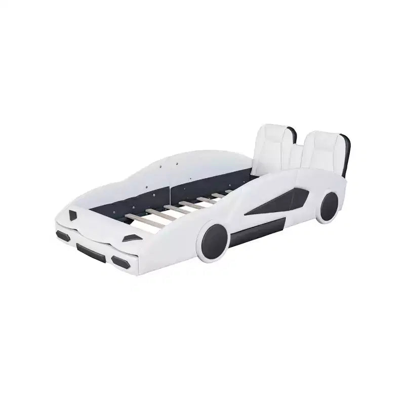 Whisen Wood Twin Size Race Car-Shaped Platform Bed with LED and Upholstered Backrest