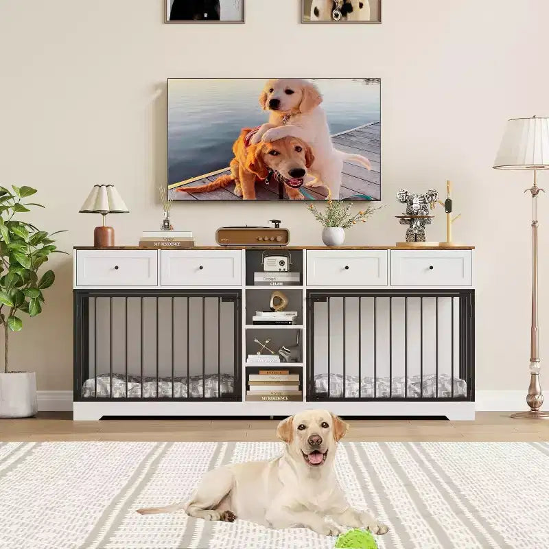 82 Double Dog Crate Furniture, Large Dog Kennel Indoor for 2 Dogs, Heavy Duty Wooden Dog Crate TV Stand with 4 Drawers and Shelves