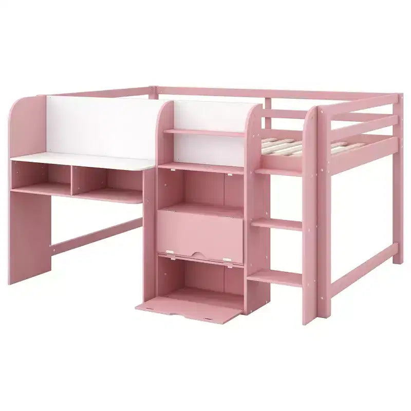 Pink/White Low Loft Bed with Desk, Storage & Whiteboard – Twin, 1-Person