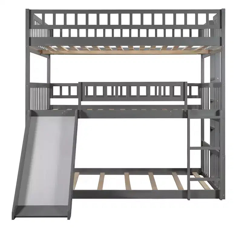 Full Over Full Triple Bunk Bed with Convertible Ladder and Slide, Triple Bed with Guardrails, White/Gray/Espresso - ModernLuxe
