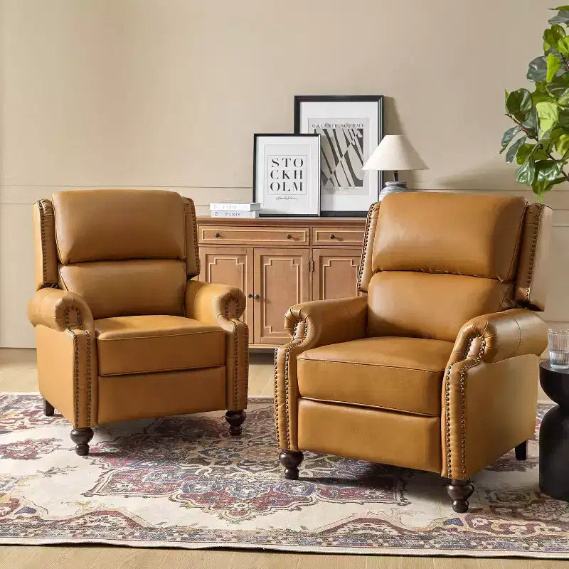 Set of 2 Elisabete Modern Wingback Genuine Leather Recliner with Vintage Nail Head Trim for Living Room and Bedroom| ART OF LIVING DESIGNS