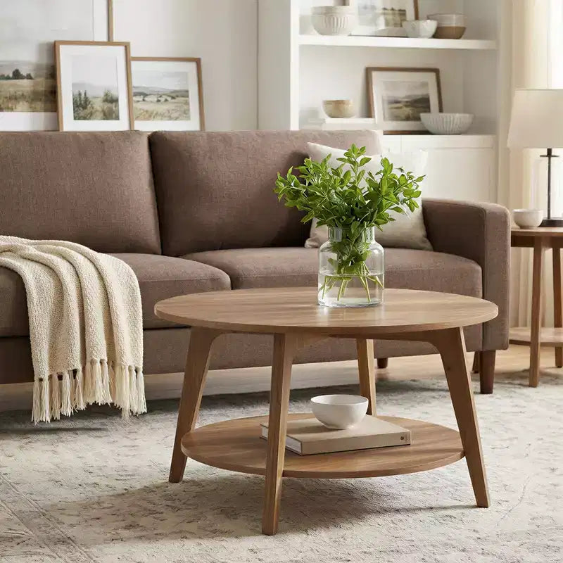 Honey Brown Round Coffee Table with 2 Tiers of Storage, Measuring 31.5 x 17.7 Inches, Ideal for the Living Room