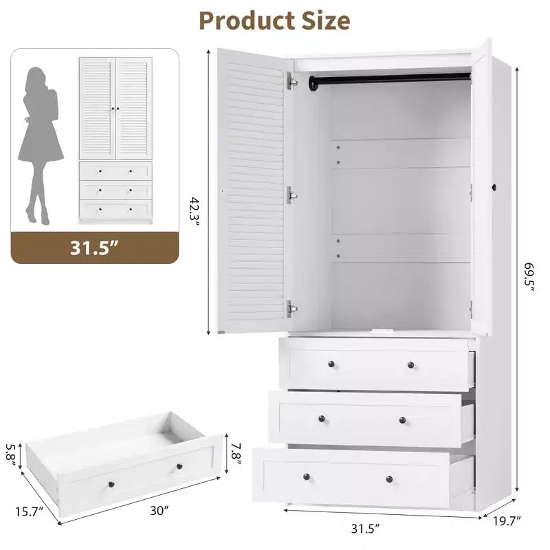 COZONY Armoire Wardrobe with 3 Drawers & 2 Doors, Modern Wooden Closet Cabinet for Bedroom, Heavy Duty White Standing Armoire
