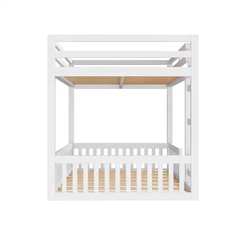Full over Full Wooden Bunk Bed with Ladder and Guardrails, Low Floor Full Size Bunk Beds with Slats Support