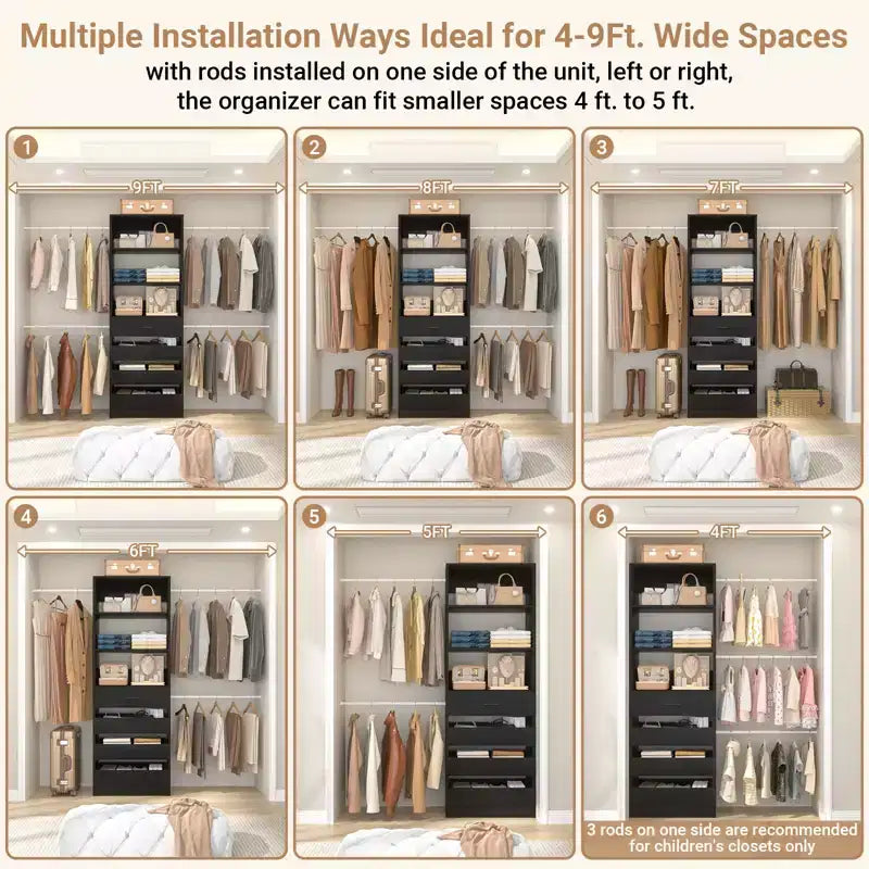 Besiost 4-9 Ft Wooden Closet Organizer System with 4 Drawers, 4 Hanging Rods & Shelving Towers