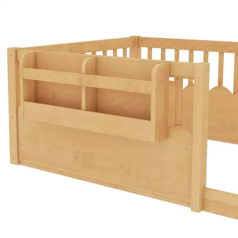 Bellemave Kids Floor Bed with Heightened Fence and Bookshelf, Wooden Twin Montessori Bed Frame for Girls Boys