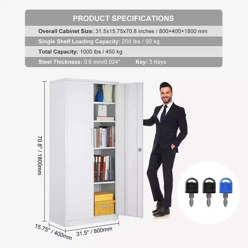 VEVOR Metal Storage Cabinet, Steel Locking Storage Cabinet with 2 Magnetic Doors and 4 Adjustable Shelves,71'' Metal Cabinet 200 lbs Capacity, White