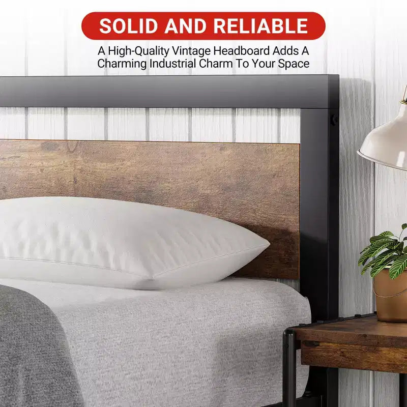 Heavy Duty Bed Frame with Headboard and Footboard, Metal Platform with 13.8 Storage, Noise Free & Tool-Free Assembly, Vintage Brown