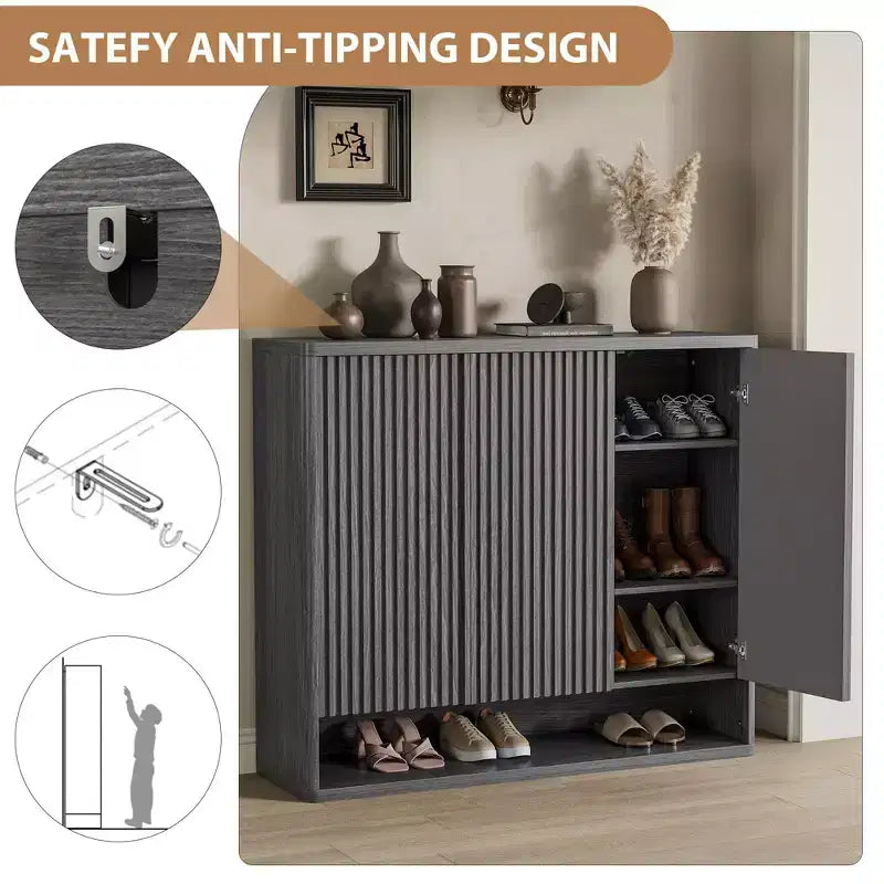 Shoe Cabinet with Fluted Door, Adjustable Shelves for Entryway Living Room