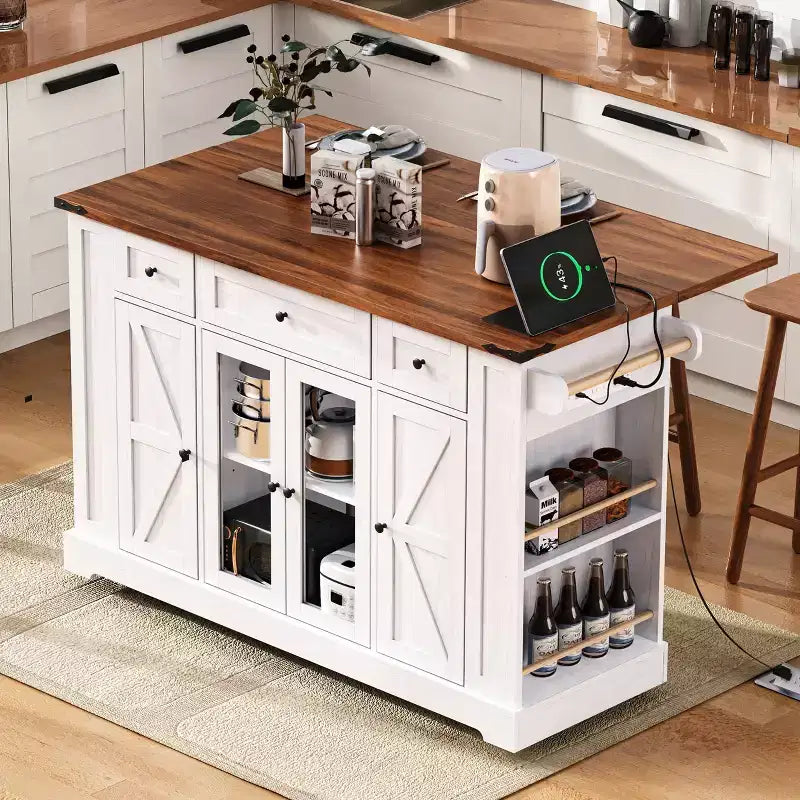 Kitchen Cart with Tempered Glass Doors, Side Racks, Power Outlet, and Drop Leaf