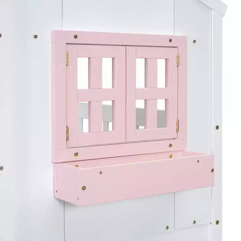 Twin Size House-Shaped Loft Bed, Wood Playhouse Loft Bed with Ladder & Guardrails for Kids