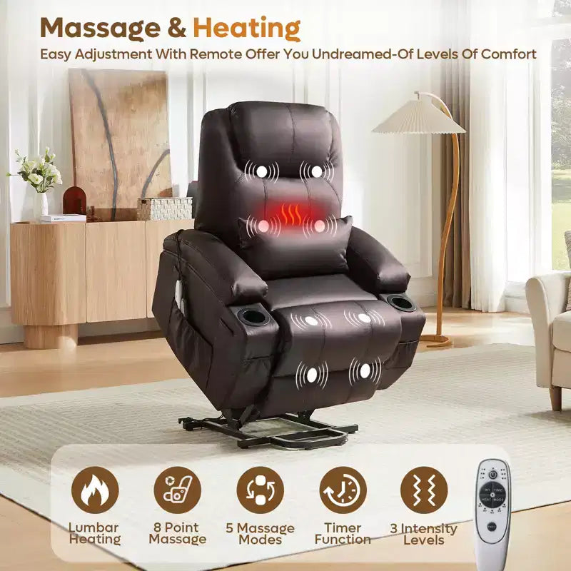 Bestier 34.6'' Electric Power Lift Asist Recliner Chair with Massage and Heat, Fax Leather Reclining Chair with Side Pockets & Cup Holders