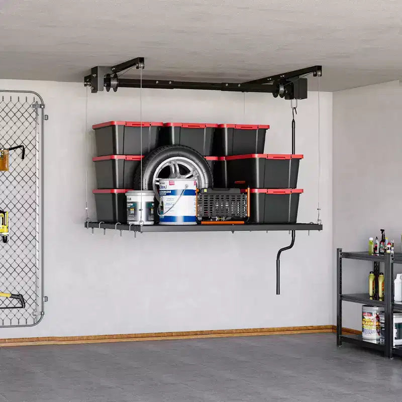 Adjustable Heavy-Duty Overhead Garage Storage Rack, Ceiling-Mounted with Safety Lock, 250 lb Capacity for Bins, Tools, Bikes, and Garage