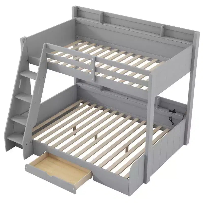 Twin over Full Bunk Bed with Storage, LED Lights & Charging Station, Wood Bunked Bed Beside Shelves for Kids & Teens
