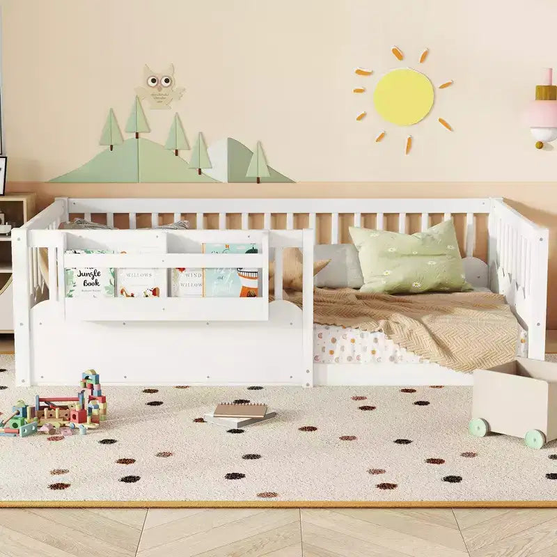 Bellemave Kids Floor Bed with Heightened Fence and Bookshelf, Wooden Twin Montessori Bed Frame for Girls Boys