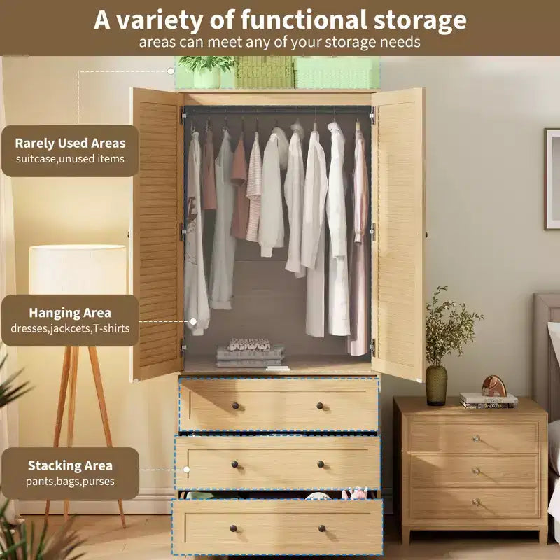 COZONY Armoire Wardrobe with 3 Drawers & 2 Doors, Modern Wooden Closet Cabinet for Bedroom, Heavy Duty White Standing Armoire