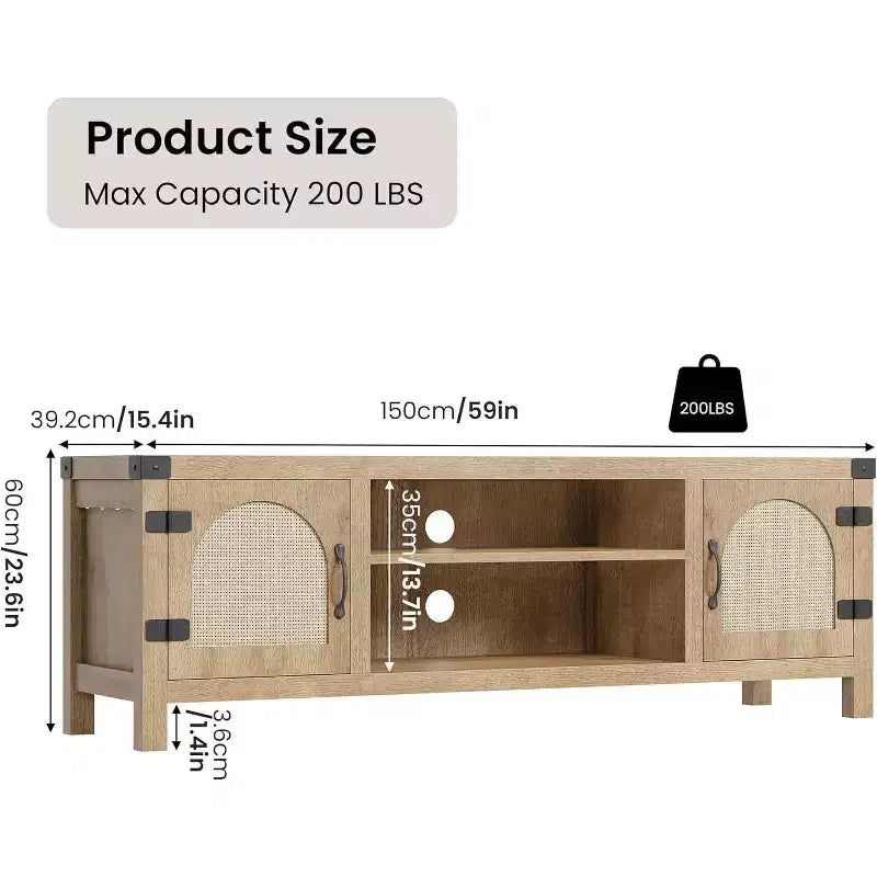 65-inch Bohemian-style TV stand with wicker door - Wooden entertainment center with two cabinets and adjustable shelves, suitable for living rooms