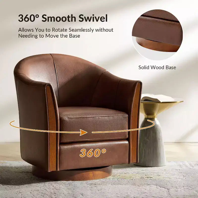 Pocono Transitional Genuine Leather Swivel Barrel Chair With Solid Wood Base Set of 2Artful Living Design