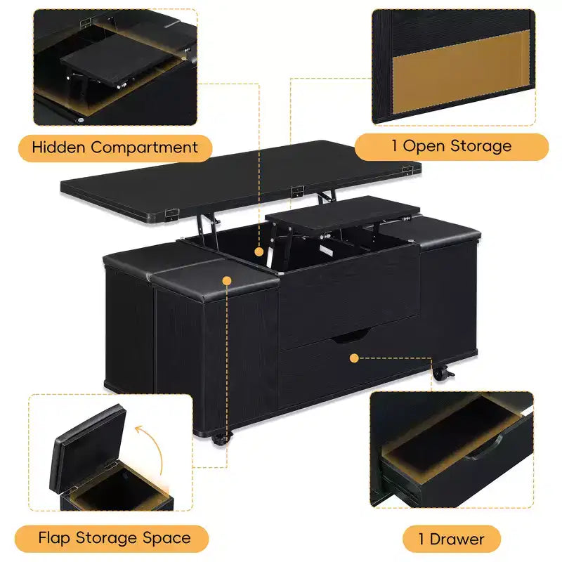 Multi-Function Modern Lift-Top Coffee Table with Hidden Storage, 4 Stools and Casters, Perfect for Modern Living Spaces