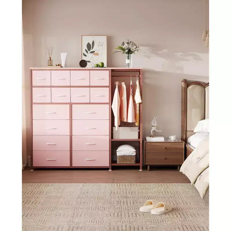 Dresser with 16 Drawers & Hanging Rod & Shelves, Fabric Storage Organizer for Bedroom, Closet, or Entryway