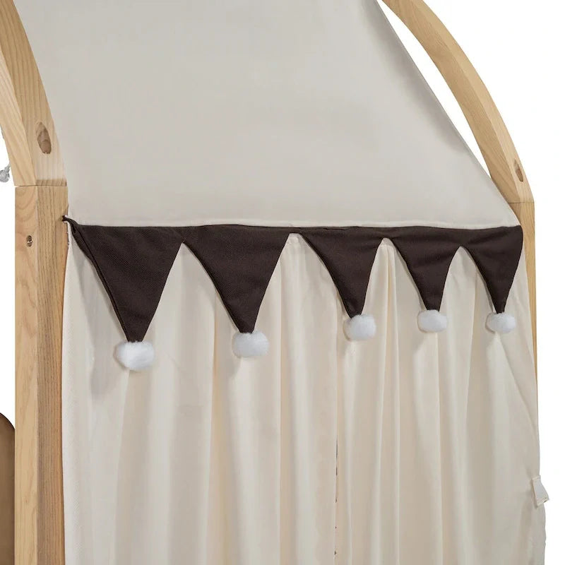 Solid Wood Playhouse Platform Bed Floor Montessori Bed Frame with Arched Roof and Trundle for Girls and Boys