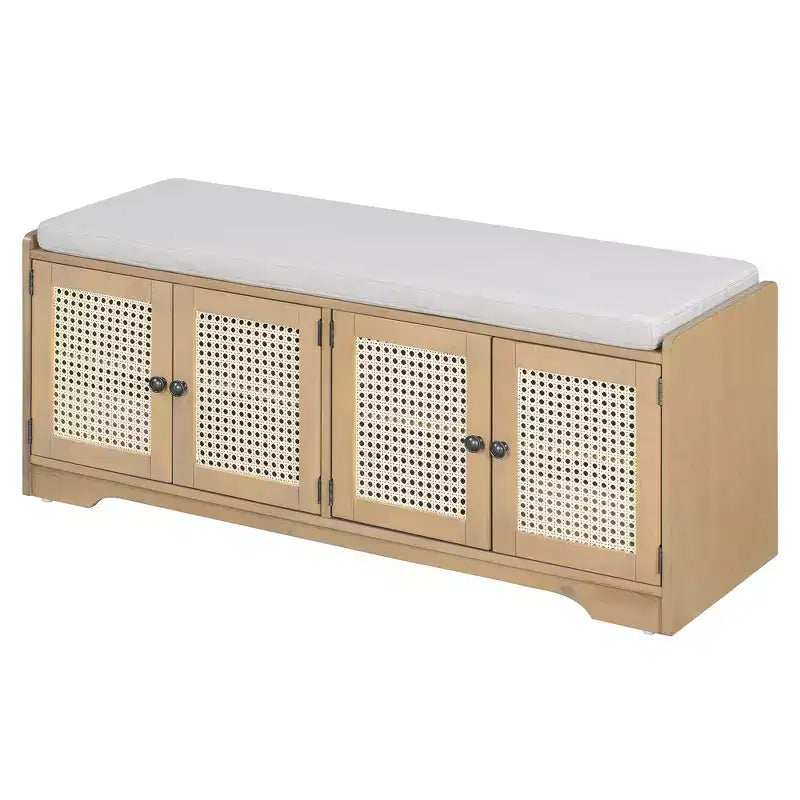 Banc de rangement rustique en bois Whisen, banc à chaussures d'entrée avec coussin amovible, étagères réglables