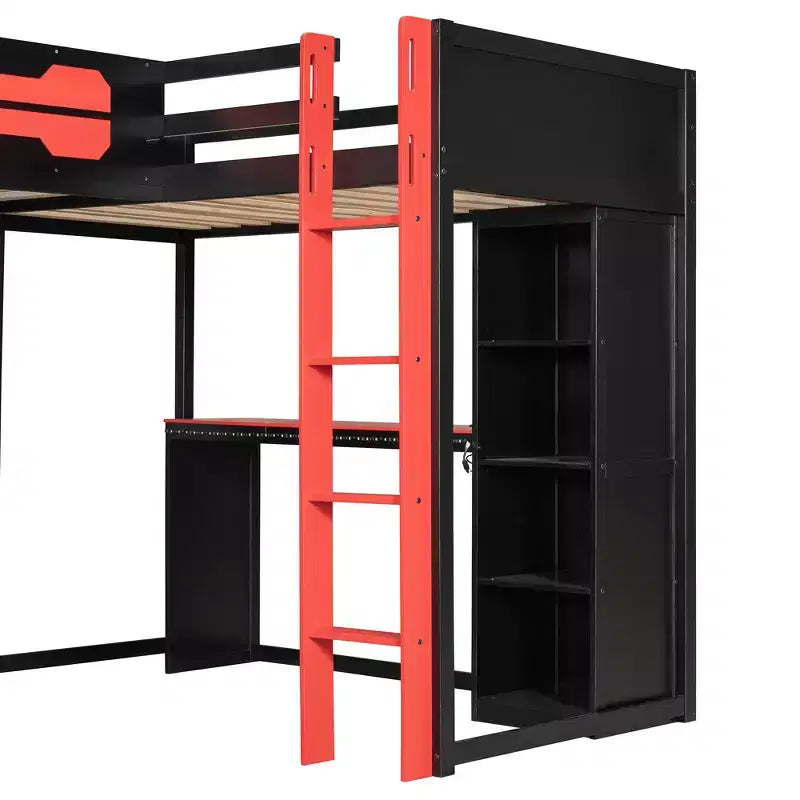 L-Shaped Gaming Loft Bed with Desks, Double Twin Loft Beds with LED Lights, USB Ports, Storage Bookshelves, Wood Corner Loft Bed for 2