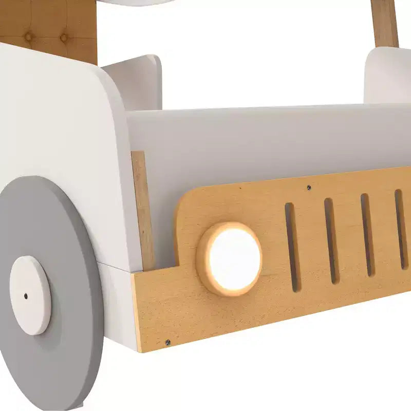 Whisen Wood Car Bed with Pillow, Ceiling Cloth and LED - Natural