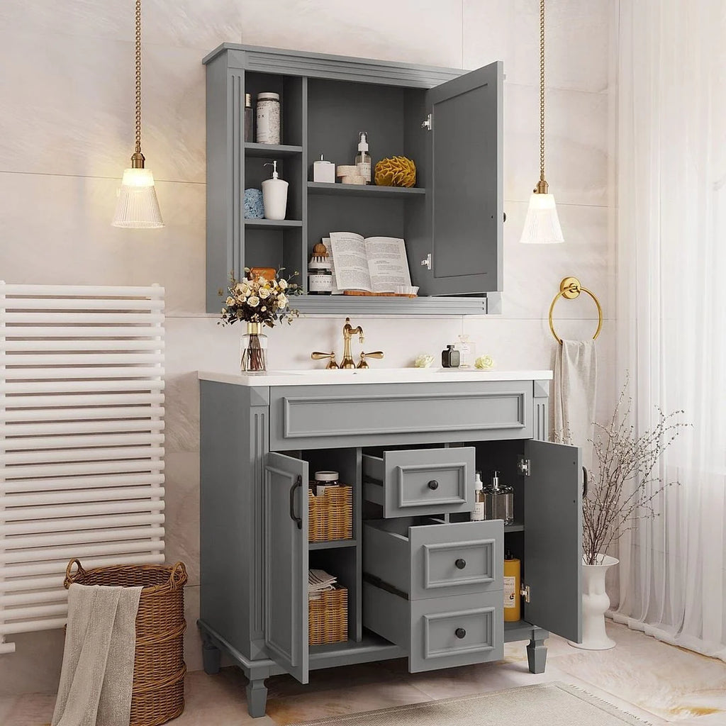 36'' Modern Bathroom Vanity with Top Sink and Mirror Cabinet,2 Doors and 2 Drawers