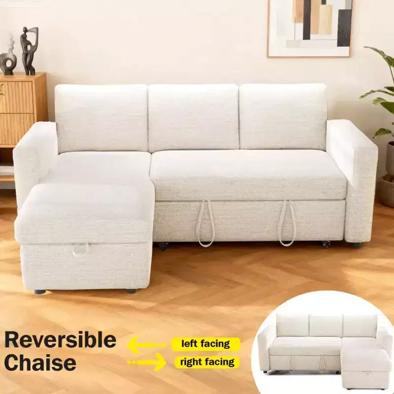 2-in-1 Pull Out Sleeper Sofa with Storage Chaise, Chenille Sectional Couch with USB Ports for Living Room