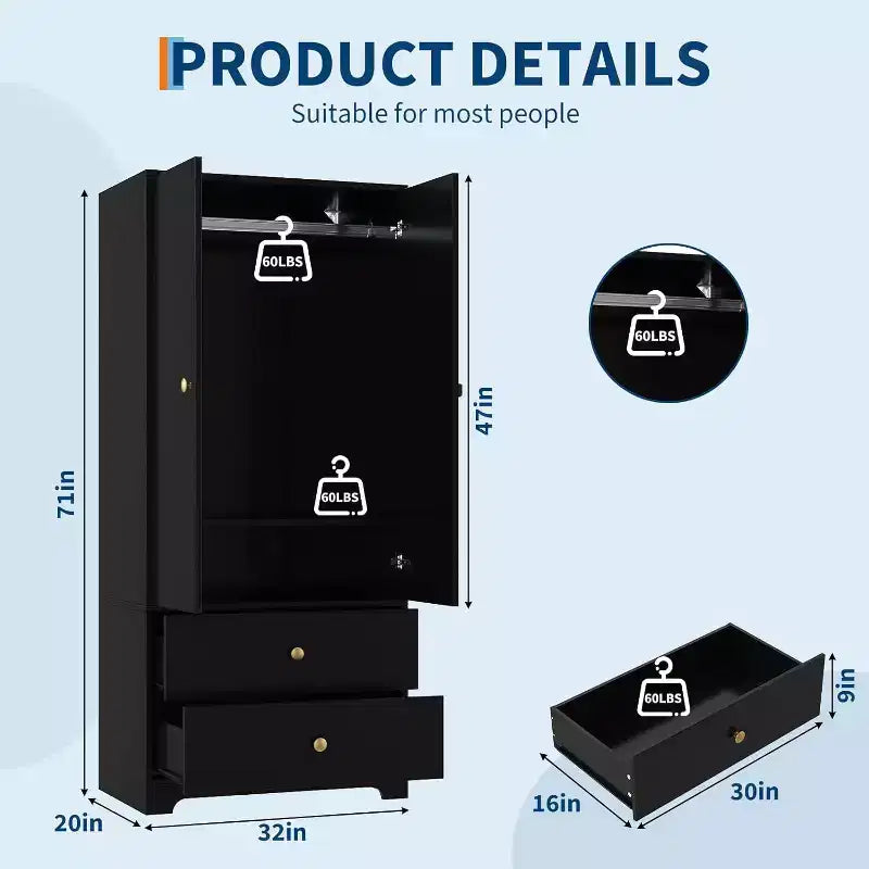 71 Inch Modern Wooden Bedroom Armoire Wardrobe Closet with 2 Doors 2 Drawers Adjustable Shelves Clothing Storage Cabinet and Hanging Rod